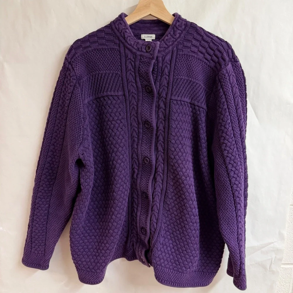 LL Bean Womens 3X Purple‎ Crochet Cable Chunky Knit Button Cardigan Sweater Ivy - Picture 2 of 8